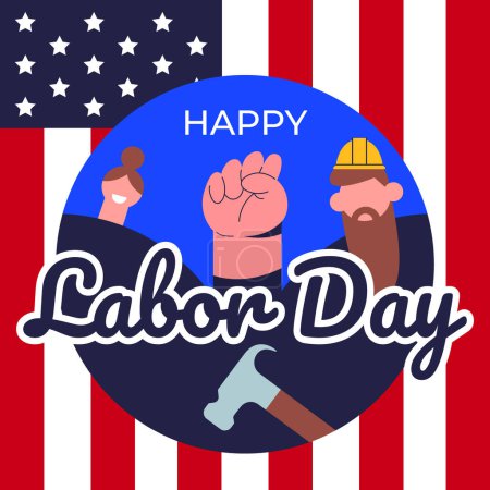 Celebración del Día del Trabajo con banderas americanas. Solidaridad de los trabajadores humanos de diferentes especialidades. Ilustración vectorial plana.