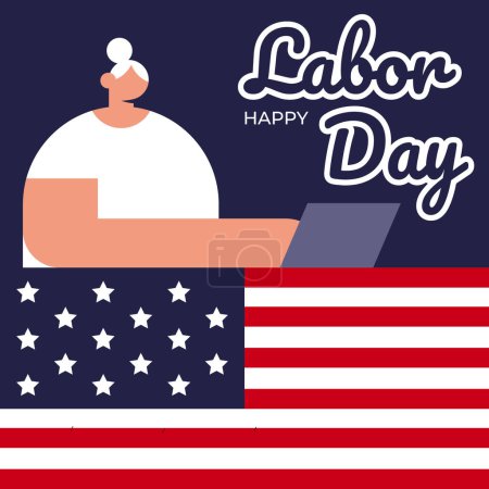 Celebración del Día del Trabajo con banderas americanas. Solidaridad de los trabajadores de diferentes especialidades y edades. Ilustración vectorial plana.