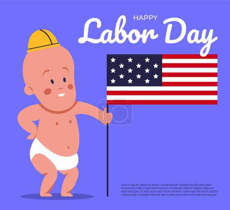 Fête du Travail avec des drapeaux américains. Bébé fête la Solidarité des travailleurs de différentes spécialités. Illustration vectorielle plate.