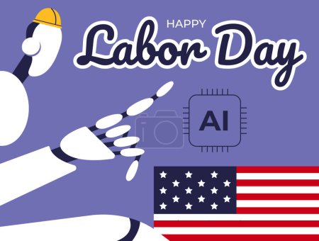 Feierlichkeiten zum Tag der Arbeit mit amerikanischen Flaggen und Ai Robot. Solidarität von Arbeitnehmern unterschiedlicher Fachrichtungen. Flache Vektorabbildung.