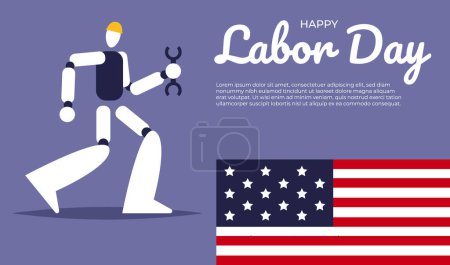 Feierlichkeiten zum Tag der Arbeit mit amerikanischen Flaggen. Solidarität zwischen Arbeitnehmern und künstlicher Intelligenz unterschiedlicher Fachrichtungen. Flache Vektorabbildung.