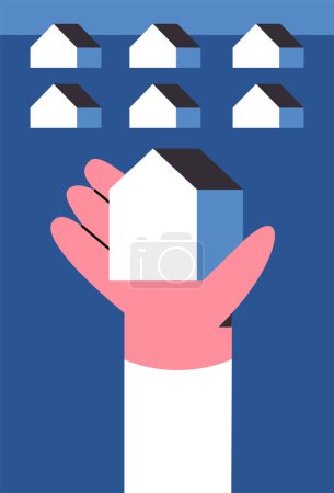 Illustration for Natural disaster scene of catastrophic flood with flooded buildings. Hand hold safe house. Flat vector illustration. - Royalty Free Image