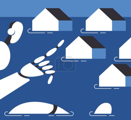 Catastrophe naturelle scène d'inondation catastrophique avec des bâtiments inondés. AI Safe House. Illustration vectorielle plate.
