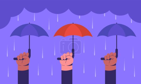 Gruppe von Händen, die Regenschirme über Sturm halten. Riesiger Regen-Hintergrund. Hurrikan Tornado in der Stadt. Vektor-Illustration zum Konzept für Naturkatastrophen.