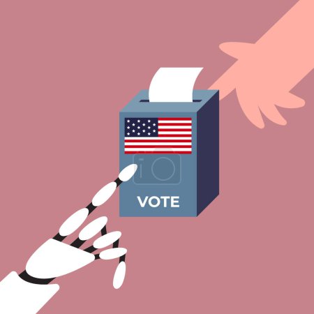 Election Day with AI Robot. Voters vote at the polling station. People place paper ballots in the ballot box. Flat vector illustration.