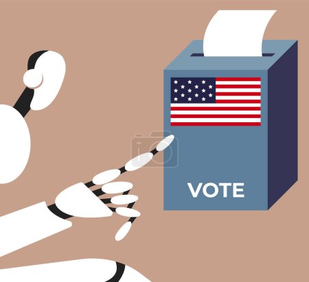 Jour du scrutin avec AI Chat Bot. Les électeurs votent au bureau de vote. L'intelligence artificielle place les bulletins de vote en papier dans l'urne. Illustration vectorielle plate.