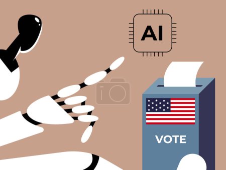 Election Day. AI Robot place paper ballots in the ballot box. Flat vector illustration.