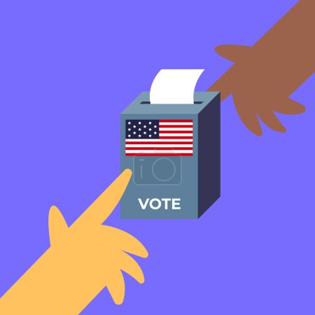 Jour du scrutin USA. Les électeurs de nationalités différentes votent au bureau de vote. Différentes professions électeurs votant. Les gens placent des bulletins de vote dans l'urne. Illustration vectorielle plate.