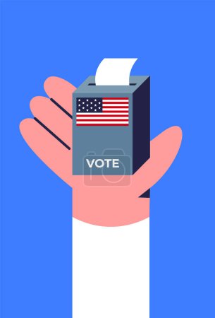 Election Day. Voters vote at the polling station. Human arm place paper ballots in the ballot box. Flat vector illustration.