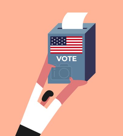 Le jour des élections. Un homme vote au bureau de vote. Garçon tenir l'urne. Illustration vectorielle plate.