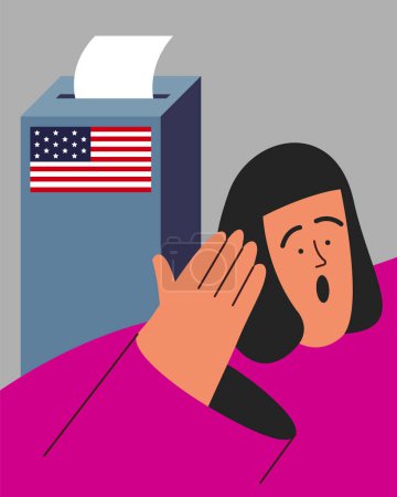 Election Day. Voters vote at the polling station. People place paper ballots in the ballot box. Shocked women.  Flat vector illustration.