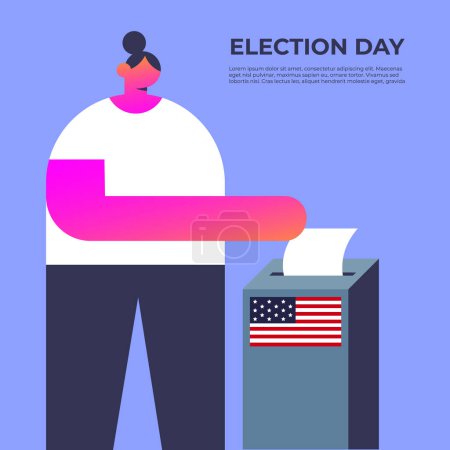 Election Day. Girl vote at the polling station. People place paper ballots in the ballot box. Flat vector illustration.