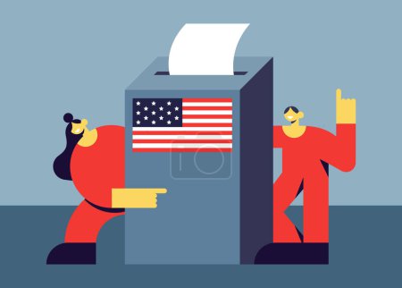 Election Day. Voters vote at the polling station. USA People place paper ballots in the ballot box. Flat vector illustration.
