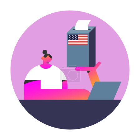 Election Day. Voters vote at the polling station. Girl place paper ballots in the ballot box online. Flat vector illustration.