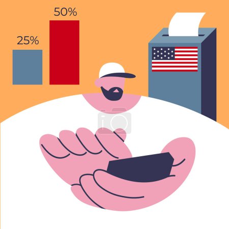 Election results App. Voters vote at the polling station. USA People place paper ballots in the ballot box. Observers Boy counting results. Online voting application. Flat vector illustration.
