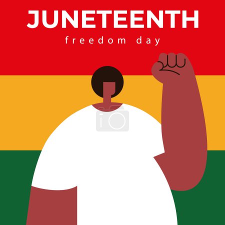 Le Jour de la Liberté. 19 juin 2024. Garçon avec drapeau. Journée de libération des Afro-Américains. Noir, rouge et vert. Illustration vectorielle plate.