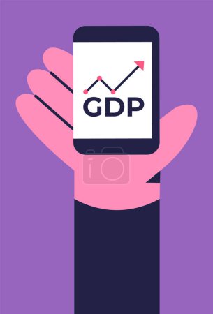 Gross Domestic Product or GDP. Recession, Business, Consumption, Investment. Arrow sign graph on app. Flat vector illustration.