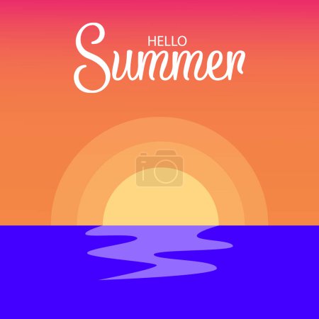 Summer vector background design. Hello Summer text on beach. Flat Vector illustration tropical season greeting background.