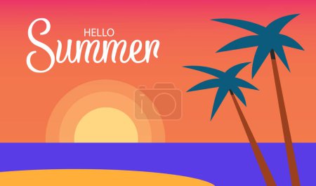 Summer vector background design. Hello Summer text on beach with sunset. Flat Vector illustration tropical season greeting background.