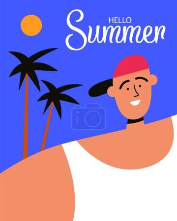 Summer vector background design. Hello Summer text on beach with Runner. Flat Vector illustration tropical season greeting background.