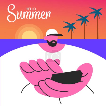 Summer vector background design. Hello Summer text on beach with Man. Flat Vector illustration tropical season greeting background.
