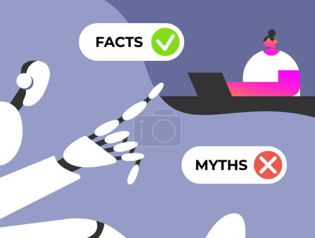 Fakten gegen Mythen mit künstlichem Roboter. Mythen Fakten Ikonen. Transparente mit wahren oder falschen Fakten. Emblem oder Abzeichen. Flache Vektorabbildung.