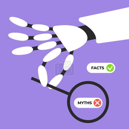 Facts versus myths. Ai robot searching Myths and facts. Banners with true or false facts. Emblem or badge. Flat vector illustration.