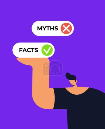 Facts versus myths. Man holds facts icons. Banners with true or false facts. Emblem or badge. Flat vector illustration.
