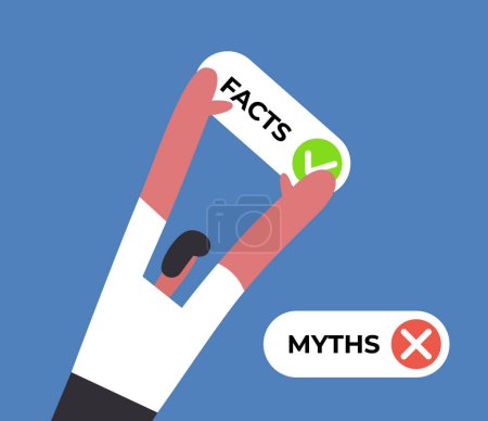 Facts versus myths. Man holds Facts icons. Banners with true or false facts. Emblem or badge. Flat vector illustration.