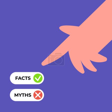 Facts versus myths. Myths facts icons with human hand. Banners with true or false facts. Emblem or badge. Flat vector illustration.