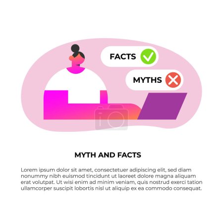 Fakten gegen Mythen. Mythen Fakten Ikonen. Banner mit wahren oder falschen Fakten auf Laptop. Emblem oder Abzeichen. Flache Vektorabbildung.