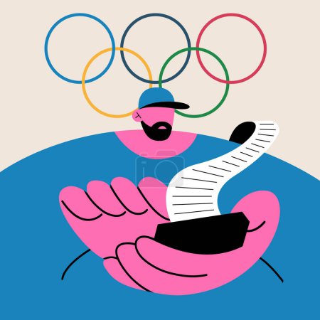 Mann liest Sportnachrichten vor den ikonischen olympischen Ringen. Feiern der bevorstehenden Olympischen Spiele 2024 in Paris. Geist des Wettbewerbs und der globalen Einheit. Flache Vektorabbildung.