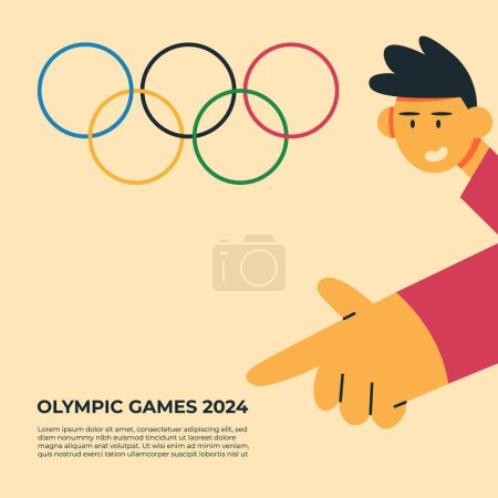 Man standing in front of the iconic Olympic rings. Celebrating the upcoming Paris 2024 Olympic Games. Spirit of competition and global unity. Flat banner vector illustration.