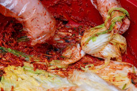 Téléchargez les photos : Le processus de fabrication d'un plat traditionnel coréen, le kimchi. Gros plan de la main d'une femme faisant du kimchi au chou en ajoutant divers assaisonnements au chou salé - en image libre de droit