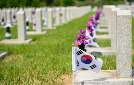 Paysage estival du cimetière national de Séoul avec pierres tombales et drapeau coréen sur pelouse verte
