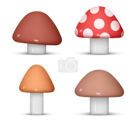 Téléchargez les photos : Ensemble vecteur 3d champignon. Champignons en plastique de dessin animé. Eléments vectoriels isolés sur fond blanc - en image libre de droit