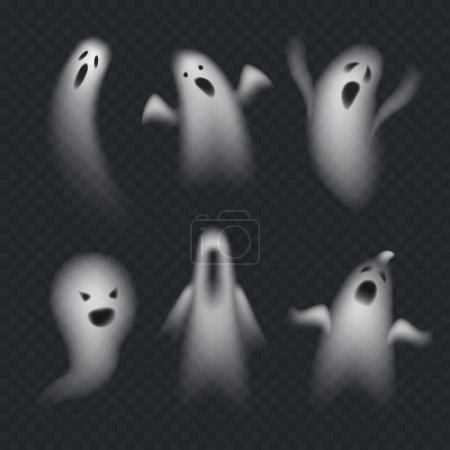 Téléchargez les photos : Ensemble de fantômes réalistes isolés sur transparent. Illustration vectorielle des symboles 3D de Halloween. Halloween monstres effrayants - en image libre de droit