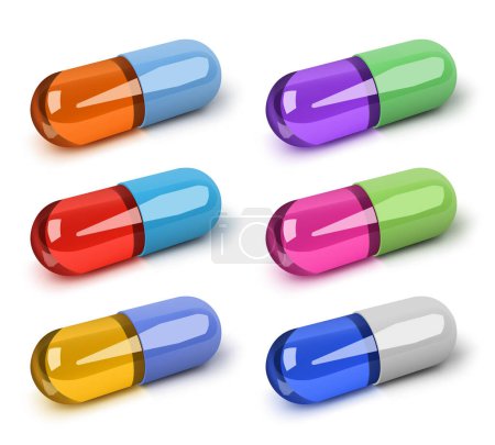 Téléchargez les photos : Vector capsules réalistes pilules isolées sur fond blanc. Capsules vectorielles 3d de différentes couleurs - en image libre de droit