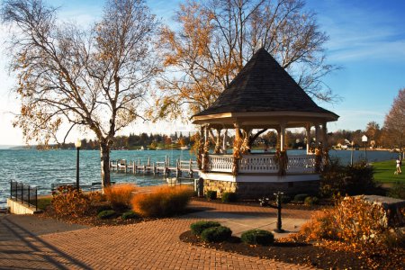 Gazebo and small park on the shore of Skaneateles Lake in Skaneateles, New york on a beautiful autumn morning