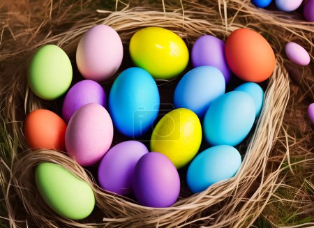 Téléchargez les photos : Colrful Easter eggs in a straw basket. Modifyed AI generated image - en image libre de droit