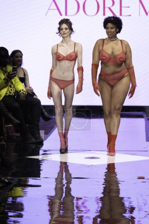 Foto de NUEVA YORK, NUEVA YORK - 10 DE FEBRERO: Modelos recorren la pasarela del desfile de moda Adore Me producido por hiTechMODA y Planet Fashion el 10 de febrero de 2023 en Gotham Hall en la ciudad de Nueva York. - Imagen libre de derechos