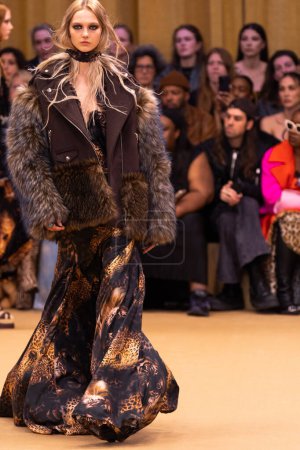 Photo for MILAN, ITALY - FEBRUARY 22: A model walks the runway at the Roberto Cavalli fashion show during the Milan Fashion Week Womenswear Fall/Winter 2023/2024 on February 22, 2023 in Milan, Italy. - Royalty Free Image