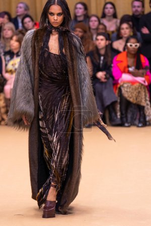 Téléchargez les photos : MILAN, ITALIE - 22 FÉVRIER : Un mannequin parcourt la piste du défilé Roberto Cavalli lors de la Fashion Week Femme Automne / Hiver 2023 / 2024 à Milan, Italie. - en image libre de droit