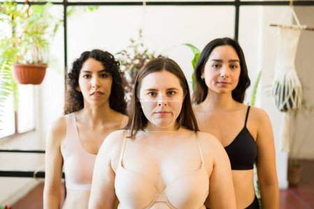 Téléchargez les photos : Brunette caucasienne femme et amis faire contact visuel promouvoir l'amour-propre et la positivité du corps dans leurs sous-vêtements - en image libre de droit