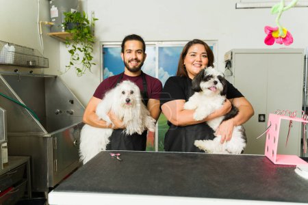 Téléchargez les photos : Portrait de toiletteurs heureux portant deux adorables chih tzu et chiens maltais après avoir coupé leurs cheveux au spa - en image libre de droit