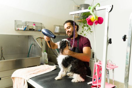 Foto de Sonriente peluquero profesional para mascotas que seca el cabello de un hermoso perro shih tzu después de un baño listo para un corte de pelo - Imagen libre de derechos