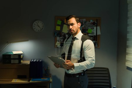 Portrait of a Caucasian investigator examining case files in a dimly lit office, shedding light on the search for truth