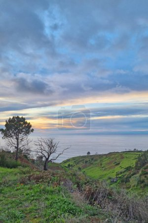 Téléchargez les photos : Beau coucher de soleil sur la pente de l'île surplombant l'océan - en image libre de droit