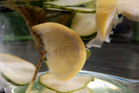 Detaillierte Ansicht eines frischen Apfels in Stücke geschnitten und in einem Glasgefäß angeordnet. Die Apfelscheiben sind fein säuberlich aufgereiht und präsentieren ihre lebendigen Farben und Texturen.