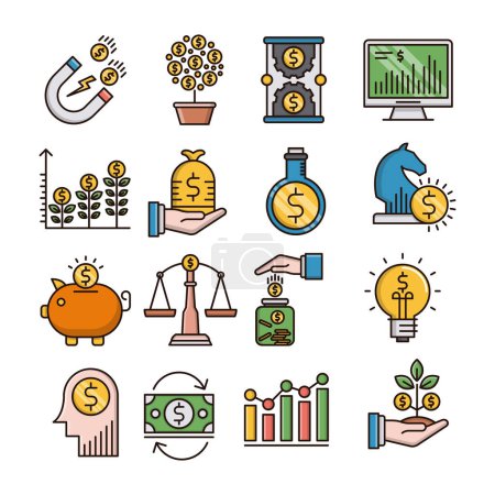 Ilustración de Conjunto de iconos de esquema lleno de inversión - Imagen libre de derechos